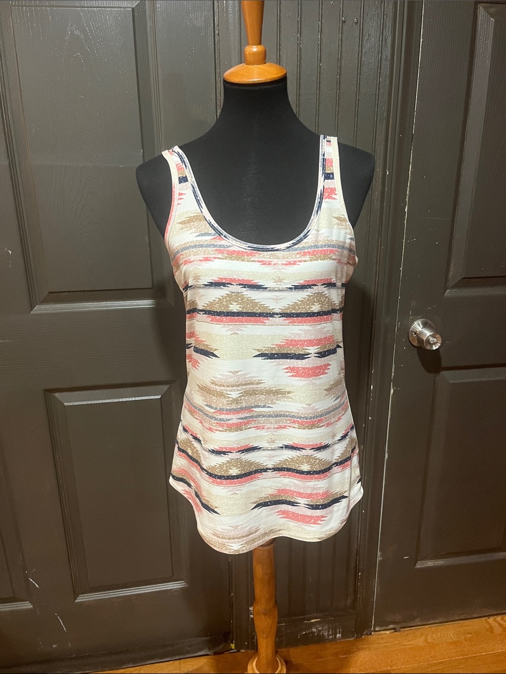 No Boundaries Cream Aztec-Print Scoop Neck Tank with Coral & Navy Accents